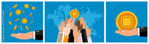 Man hand catching cryptocurrency coins. Many hands reaching for a bitcoin coin. Blockchain technology and mining concept.