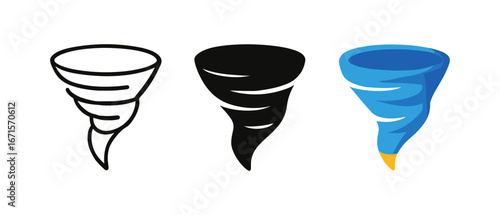 Set of twister icons in outline, silhouette, and colorful styles