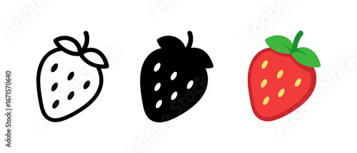Minimalist strawberry designs in outline, solid, and colorful styles