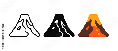 Volcano styles: outline, solid, and colorful eruption icons