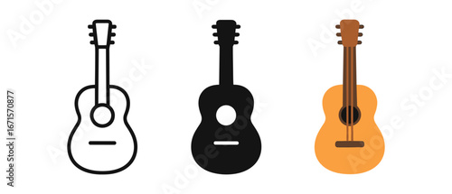 Acoustic guitar design set: outline, silhouette, and color variations