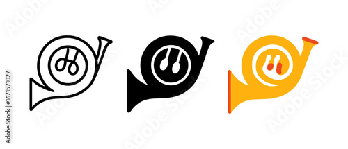 Set of abstract horn icons with music notes in minimalist styles