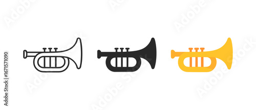 Three trumpet icons in linear, silhouette, and color styles on white background