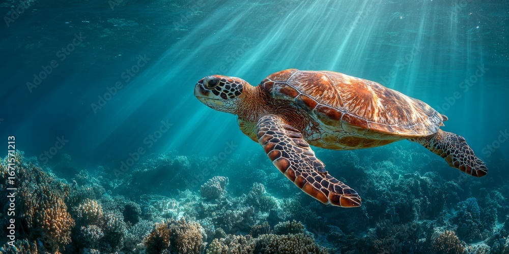 Fototapeta premium Sea turtle swimming over coral reef in sunlit ocean