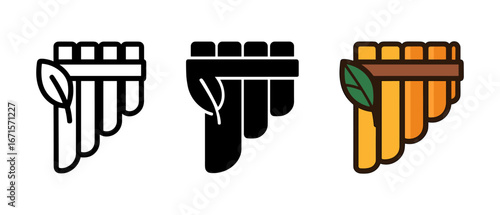 Various styles of pan flute icons with leaf motif for musical themes