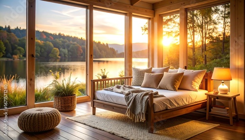 Sunset view from lakeside bedroom with wooden bed and floor