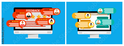 Customer online review with feedback stars. Man and woman chat with clients service support. Flat style vector.
