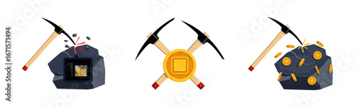 Pickaxe breaking rock to reveal computer parts and digital coins. Cryptocurrency mining process concept for finance and technology.