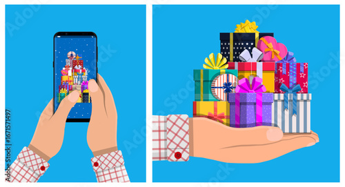 Man hand holding phone with gift boxes on screen and man hand holding stack of wrapped presents. Gift delivery concept.