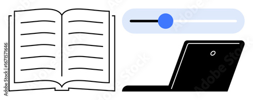 Open book for reading, laptop for online resources, and progress slider for tracking. Ideal for education, e-learning, study, knowledge sharing, digital tools, academic growth simple flat metaphor