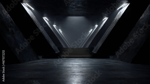 Abstract view of a dark, triangular tunnel with concrete walls, illuminated by a series of bright, white lights leading to stairs.