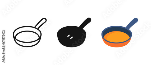 Set of three saucepan icons: outline, silhouette, and colorful design