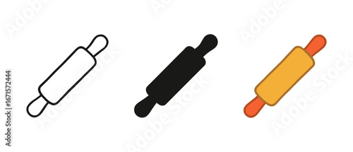 Rolling pin icons in linear, silhouette, and colorful styles for cooking and baking themes