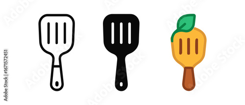 Spatula trio: outline, silhouette, and colorful icon with leaf element
