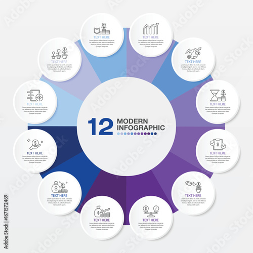 Basic circle infographic template with 12 steps, process or options.