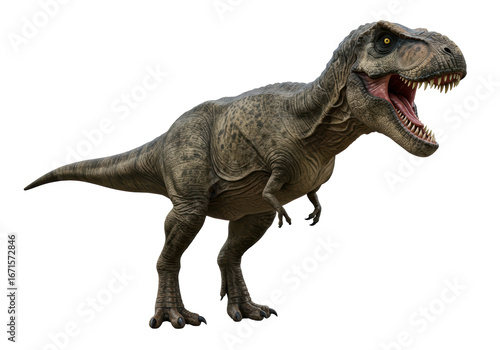 Isolated Tyrannosaurus Rex with open mouth in 3-D render, ferocious predator species