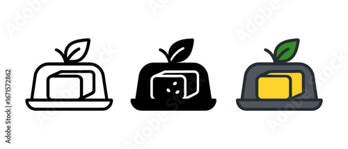 Cheese icon set: outlined, solid, and colorful variations with platter and leaf