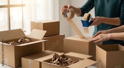 Hands packing cardboard boxes with tape for shipping and moving