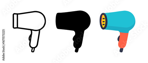 Different styles of hair dryer: outline, silhouette, and colorful design