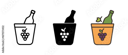 Wine bottle in ice bucket icons: outline, silhouette, colored versions in modern style