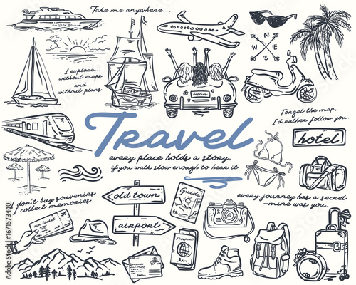 Travel Whimsical hand-drawn illustration Set