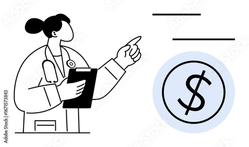 Doctor holding a clipboard, pointing towards a dollar circle, symbolizing medical billing, patient costs, or healthcare funding. Ideal for health finance, medical economy, cost efficiency, insurance
