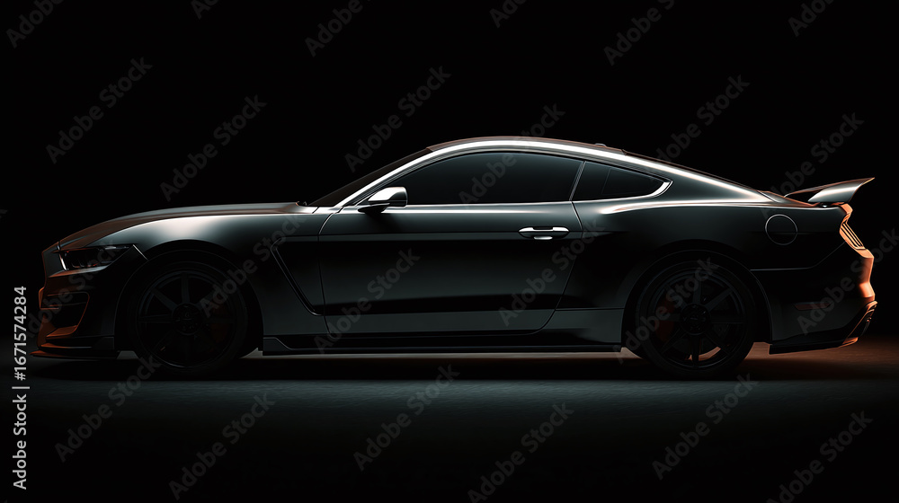 Fototapeta premium Sleek automotive design: a dark coupe shines in studio lighting, emphasizing its sporty silhouette and powerful stance against a black backdrop.