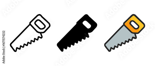 Hand saw icons in outline, solid, and color filled styles