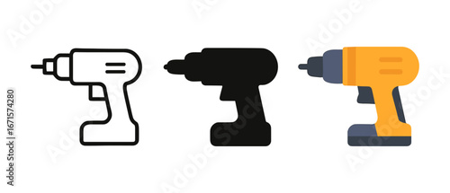 Drill icons in three styles: outline, silhouette, and colorful flat design