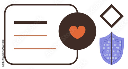 Heart icon inside a circle, text box, diamond, digital shield with binary code. Ideal for cybersecurity, data protection, online privacy, love for tech, connection secure communication simple flat