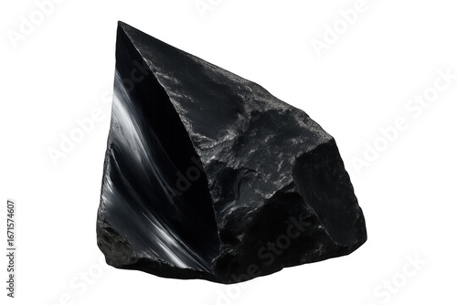 Black obsidian rock with transparent background showing polished surface and natural texture