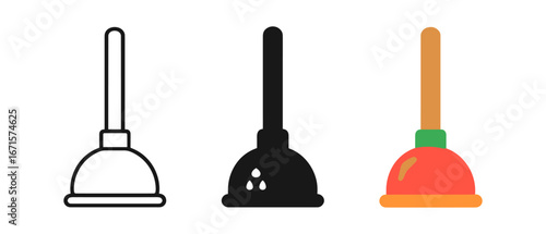 Variety of plunger icons: linear, solid, and colorful designs for home and maintenance tools
