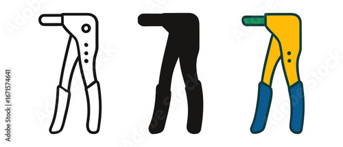 Rivet gun icons in outline, silhouette, and colorful styles