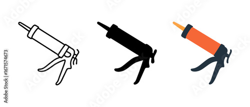 Construction caulking gun icons in outline, silhouette, and flat style