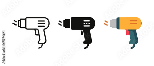 Minimalist icons of hair dryers in linear, silhouette, and flat styles