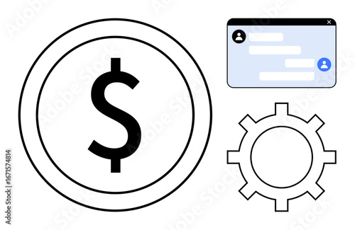 Dollar symbol in circle represents finance, chat interface for communication, gear for workflows. Ideal for finance, tech tools, workflow, communication, optimization, collaboration simple landing