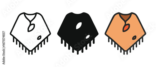 Colorful poncho designs with geometric patterns and fringe details