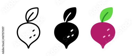 Minimal radish design trio: outline, silhouette, and colorful styles