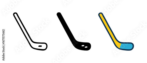Set of three hockey stick icons in outline, filled, and colorful styles