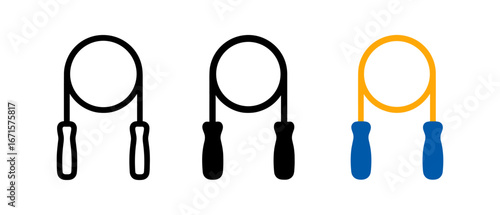 Set of jump rope icons: outline, solid, and colorful styles