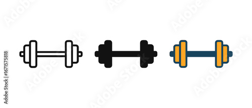 Stylized dumbbell icons: outline, solid, and colorful variations
