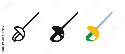 Fencing swords set: black silhouette, flat icon, and colorful design