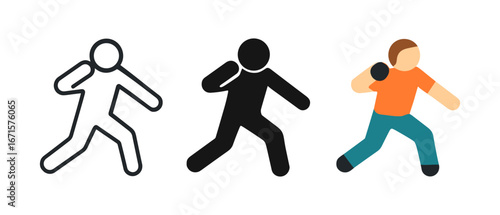 Dynamic figure throwing ball in linear, silhouette, and flat styles