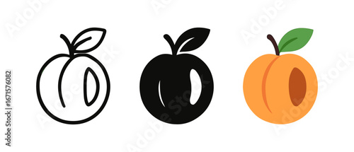 Fruit trio: modern linear, silhouette, and flat peach illustrations