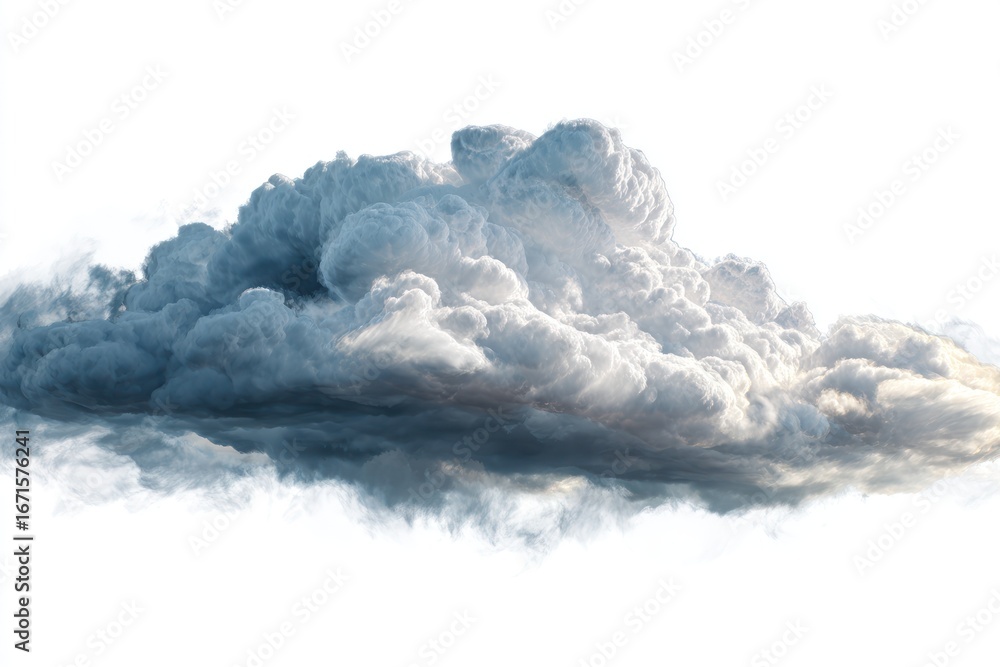 Naklejka premium Billowing, fluffy cloud with detailed textures and variations in light/shadow on a pure white background