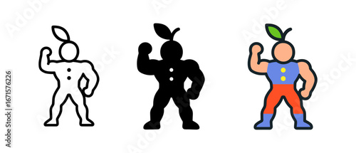 Icon set of muscular figures with leaf elements in three styles