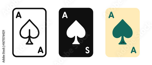 Minimalist playing card designs: spade variations in linear, solid, and flat styles