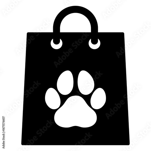 Logo comida para mascotas. Icono bolsa de la compra con silueta de pata de gato o perro
