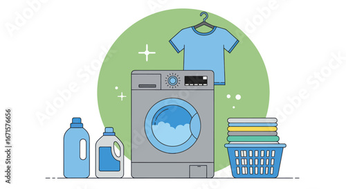 Washing Machine and Laundry Illustration for Household Chores.