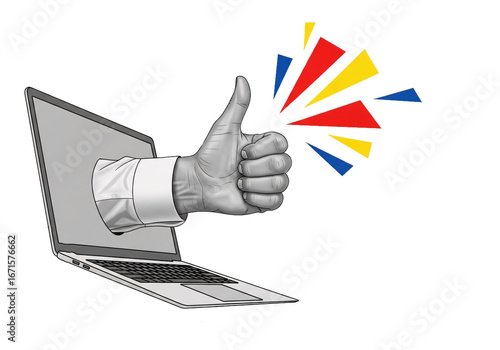 Close up of a businessman s hand giving a thumbs up gesture emerging from a laptop screen isolated on transparent background